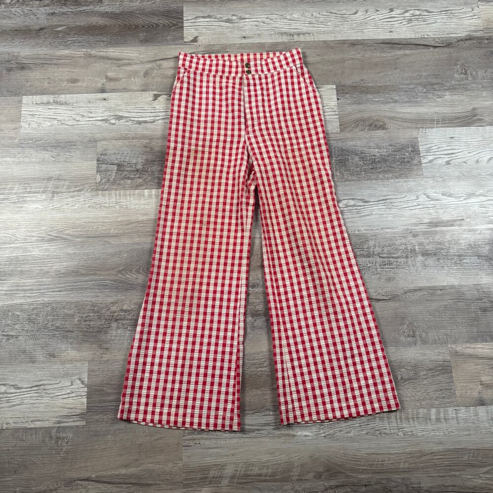 Vintage 70s Red Gingham High Rise Flare Pants Bell Bottom Cottagecore Retro 6